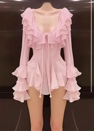 FLYTONN- Novelty Pink Ruffled Lace Up Chiffon Mid Dress Long Sleeve EE1050