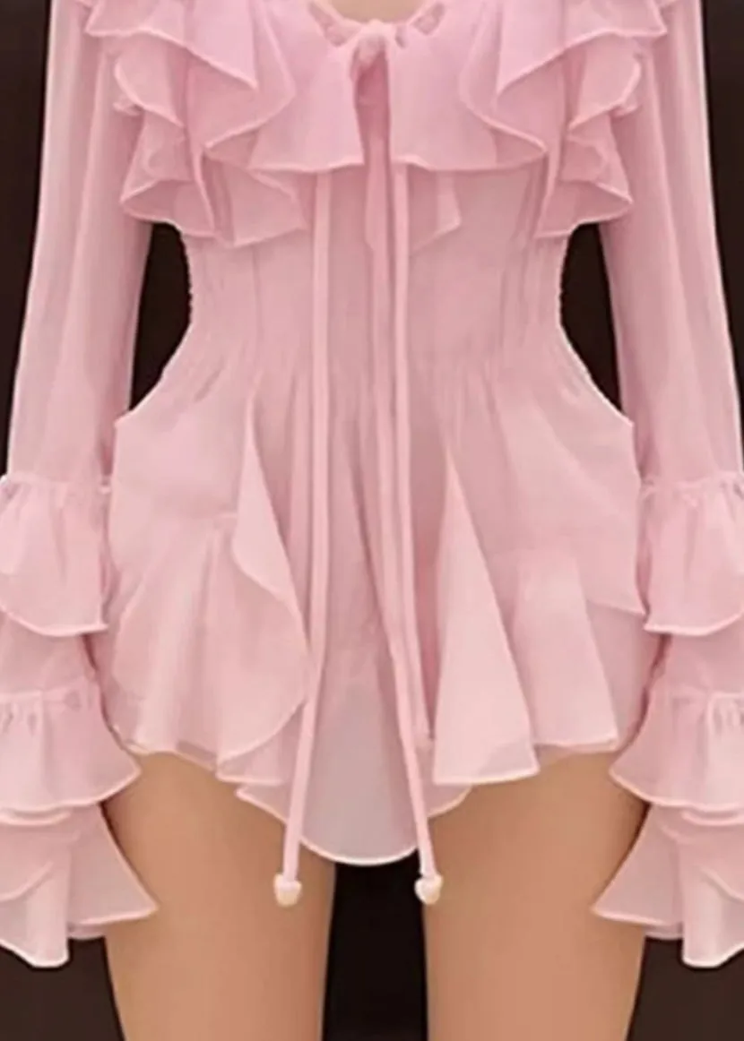 FLYTONN- Novelty Pink Ruffled Lace Up Chiffon Mid Dress Long Sleeve EE1050