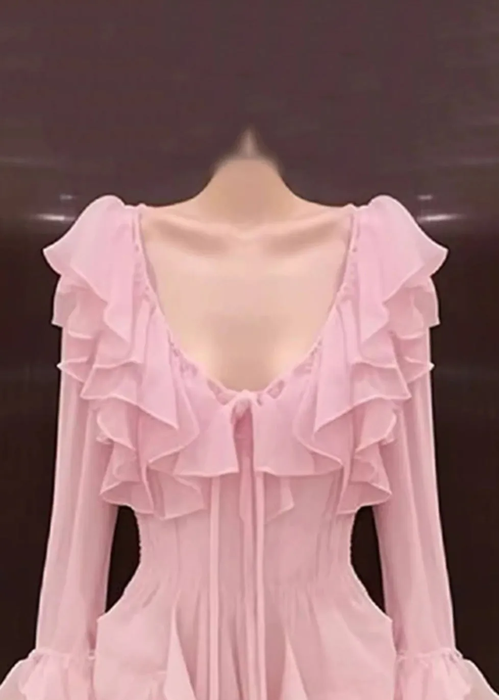 FLYTONN- Novelty Pink Ruffled Lace Up Chiffon Mid Dress Long Sleeve EE1050