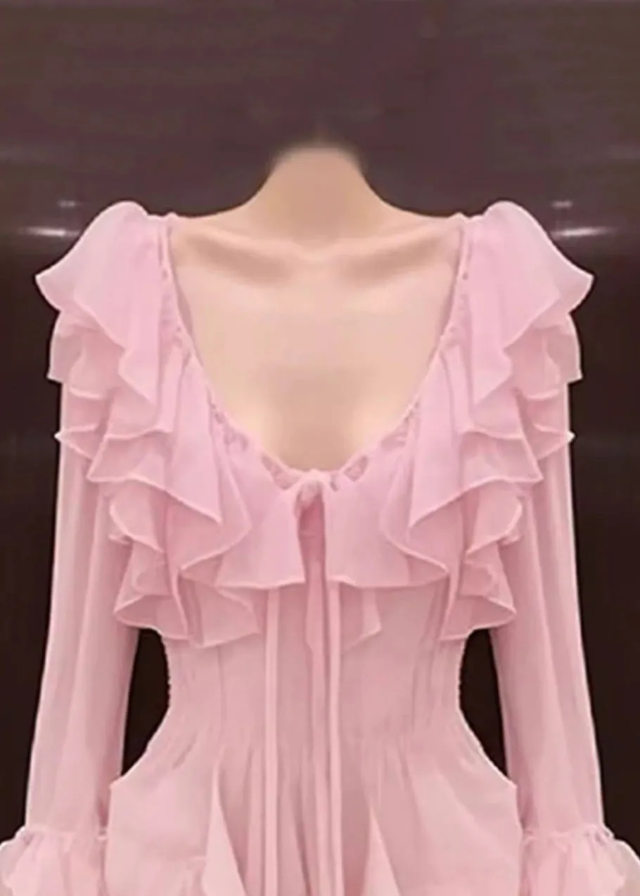 FLYTONN- Novelty Pink Ruffled Lace Up Chiffon Mid Dress Long Sleeve EE1050