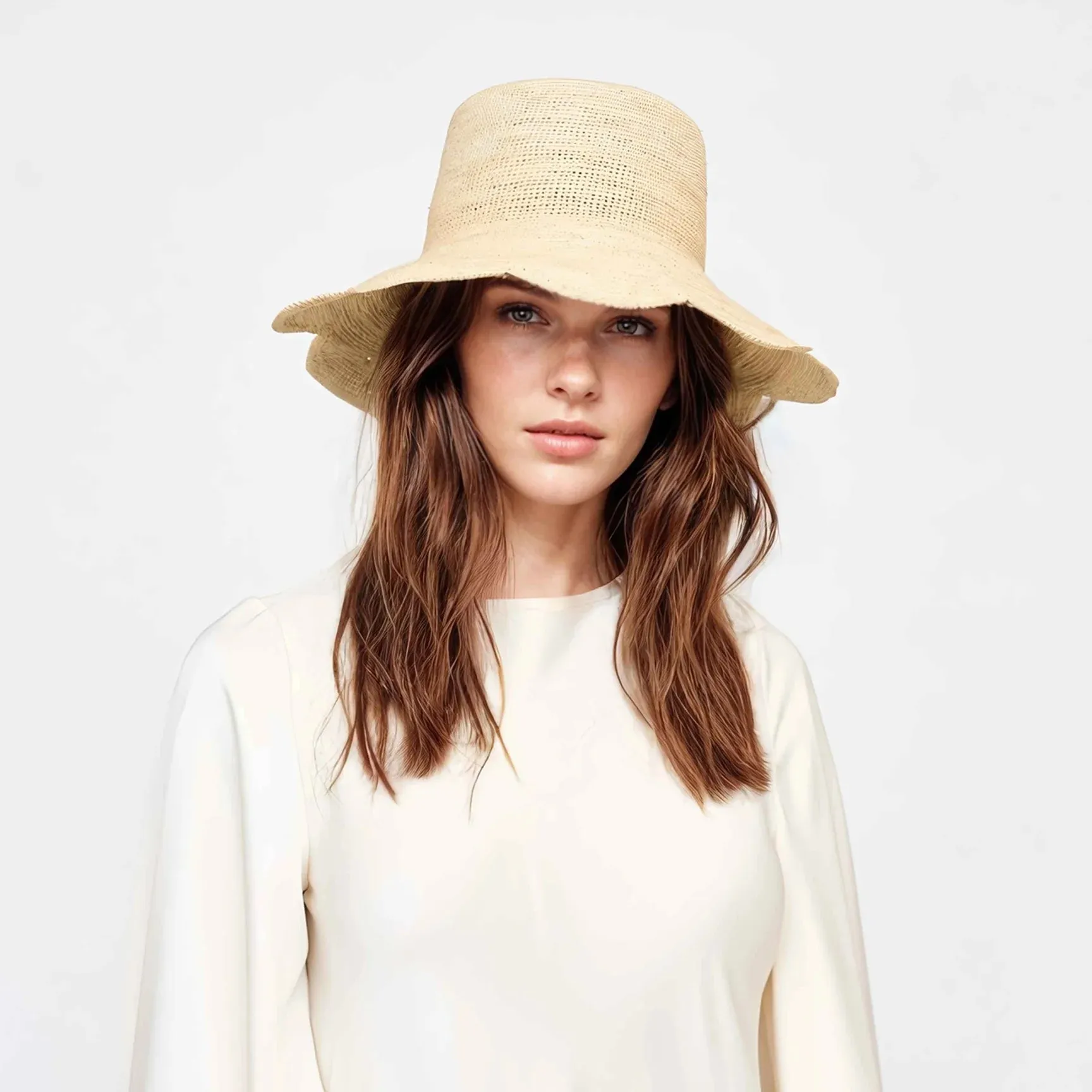 Freya - Packable Scallop Crochet Bucket Hat in Natural