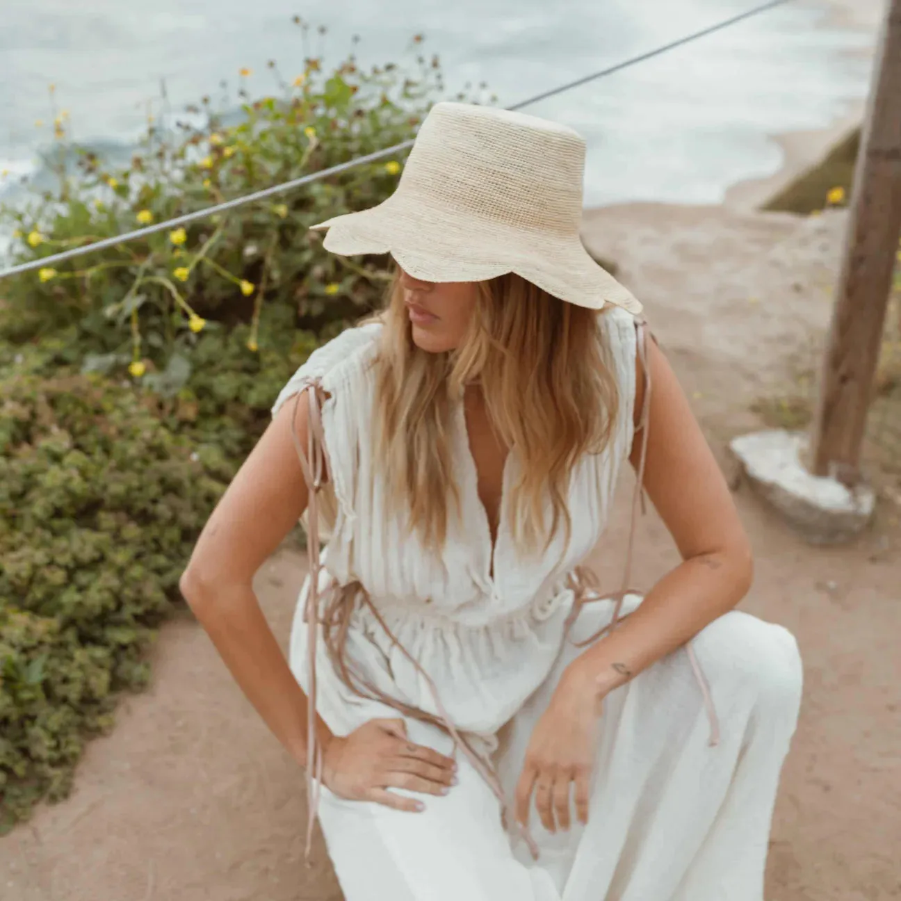 Freya - Packable Scallop Crochet Bucket Hat in Natural