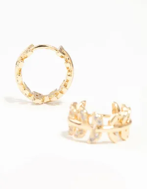 Gold Cubic Zirconia Leafy Huggie Earrings