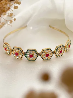 Gold Embellished Meenakari Brooch Hairband