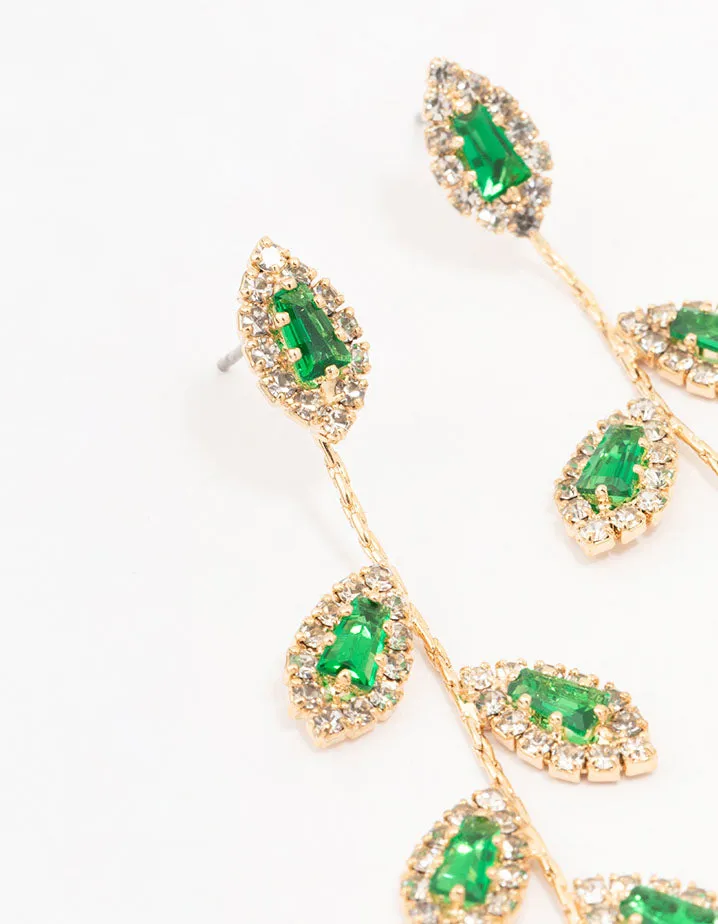 Gold Green Diamante Leaf Drop Earrings