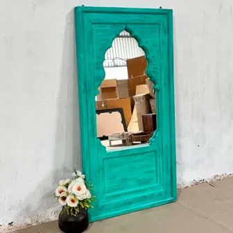 Handcrafted Indian Furniture Carved Wooden Wall Lining Mirror Frame Green 80x50x150Cm
