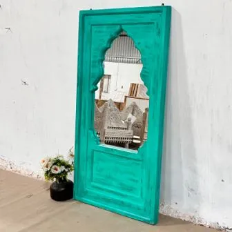 Handcrafted Indian Furniture Carved Wooden Wall Lining Mirror Frame Green 80x50x150Cm