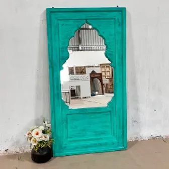 Handcrafted Indian Furniture Carved Wooden Wall Lining Mirror Frame Green 80x50x150Cm