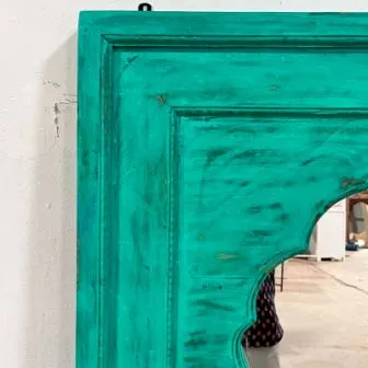 Handcrafted Indian Furniture Carved Wooden Wall Lining Mirror Frame Green 80x50x150Cm
