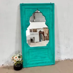 Handcrafted Indian Furniture Carved Wooden Wall Lining Mirror Frame Green 80x50x150Cm
