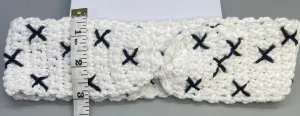 Handmade crochet white black embroidered bow headband 100% cotton girls headband gift soft gentle headband 18” stretchable cotton