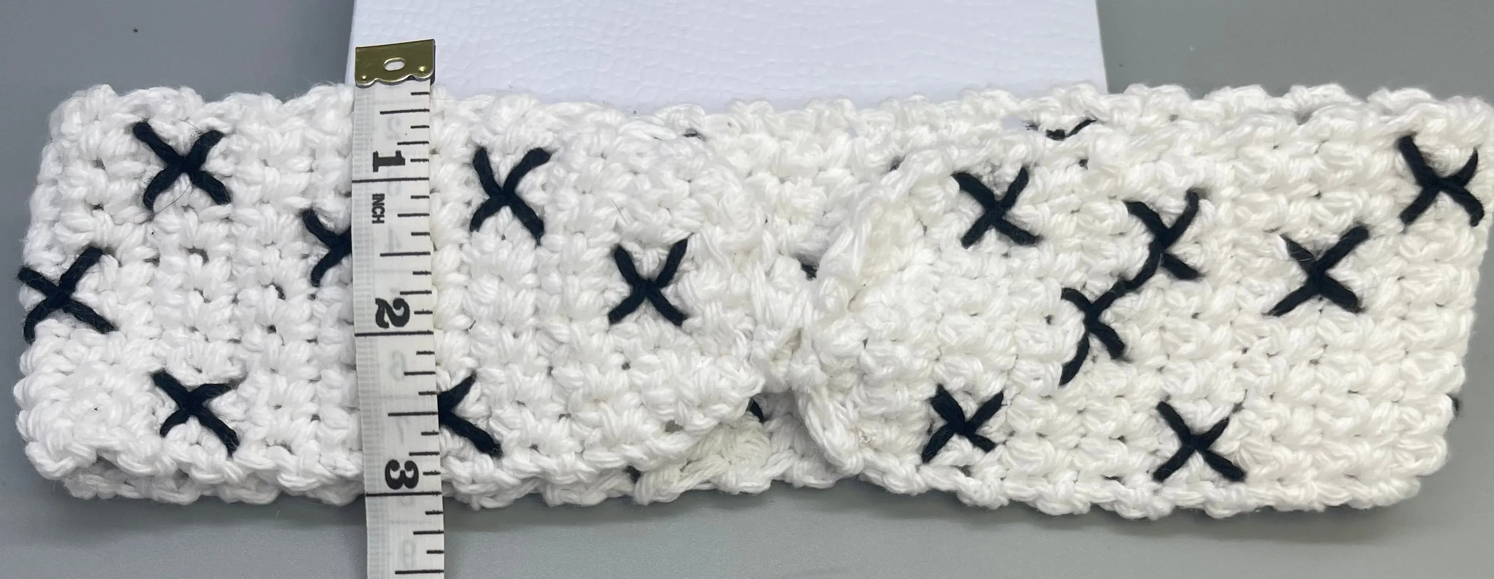 Handmade crochet white black embroidered bow headband 100% cotton girls headband gift soft gentle headband 18” stretchable cotton