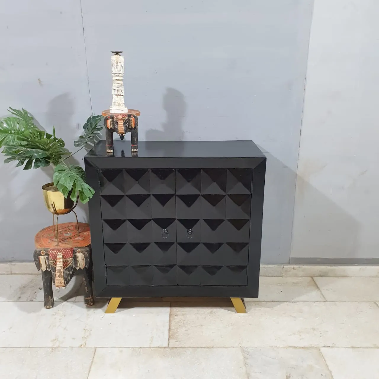 Indian Furniture Handmade Solid Wood Cabinet 2 Door Carved Black 90x40x90Cm