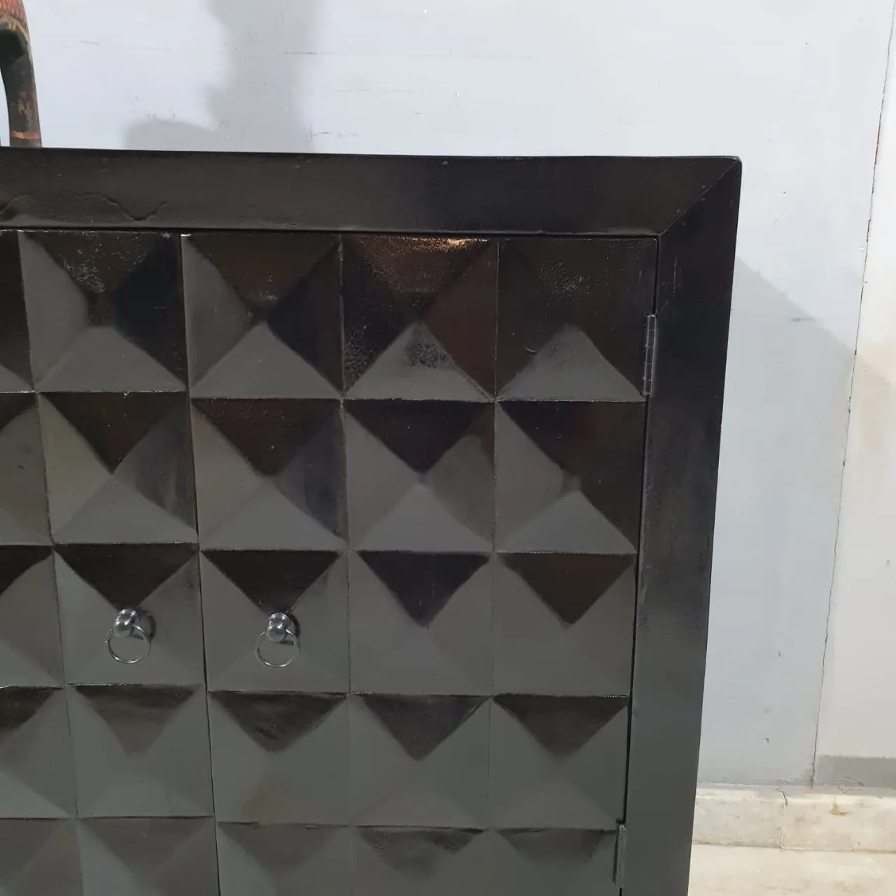 Indian Furniture Handmade Solid Wood Cabinet 2 Door Carved Black 90x40x90Cm