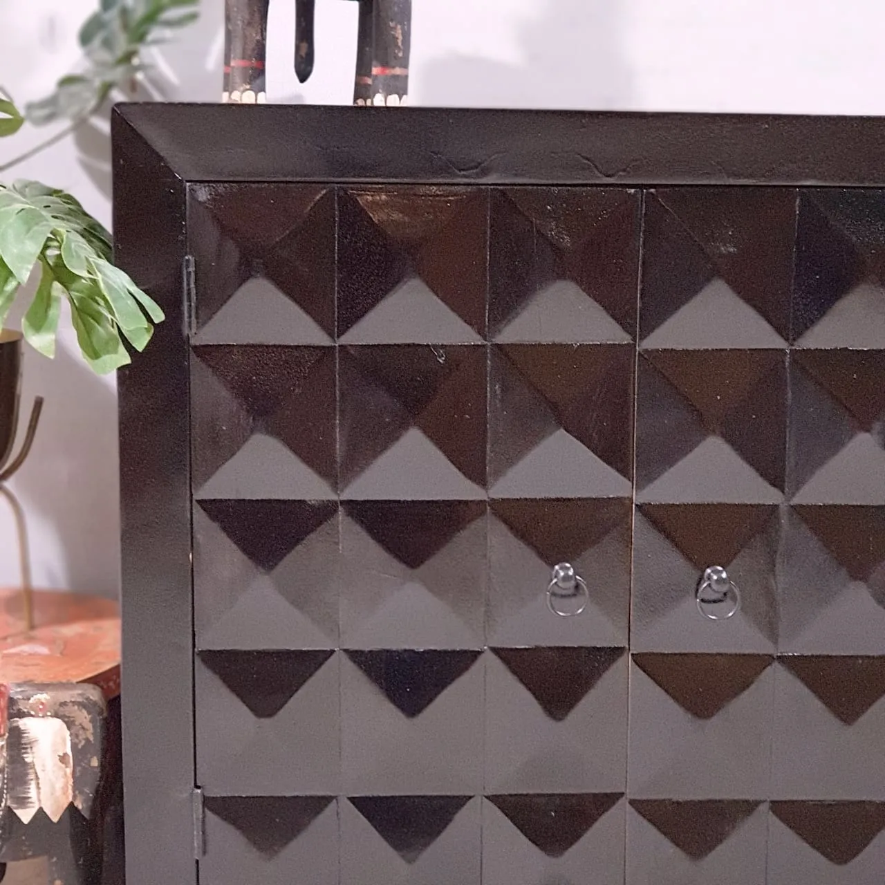 Indian Furniture Handmade Solid Wood Cabinet 2 Door Carved Black 90x40x90Cm