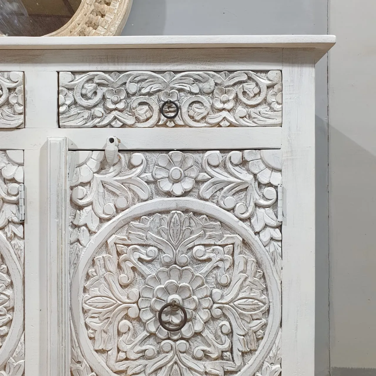 Indian Furniture Handmade Solid Wood Sideboard 3 Drawers & 3 Doors White Rustic Carved whitewash 150x45x90Cm
