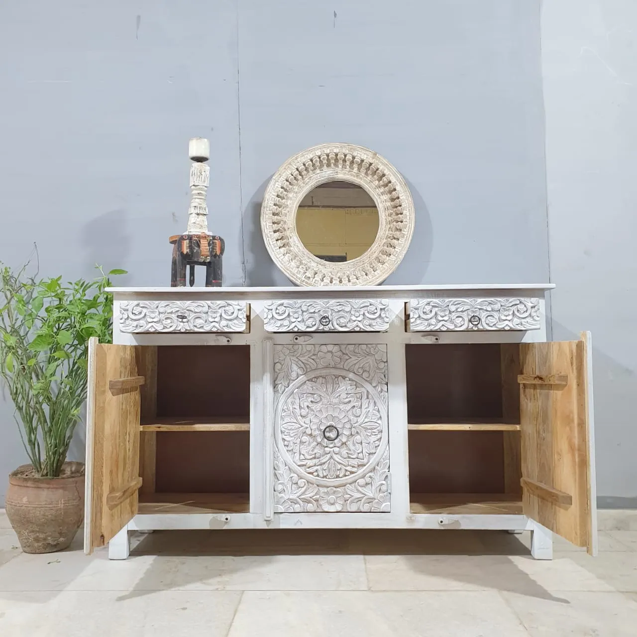 Indian Furniture Handmade Solid Wood Sideboard 3 Drawers & 3 Doors White Rustic Carved whitewash 150x45x90Cm