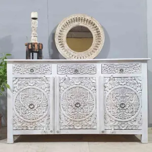 Indian Furniture Handmade Solid Wood Sideboard 3 Drawers & 3 Doors White Rustic Carved whitewash 150x45x90Cm