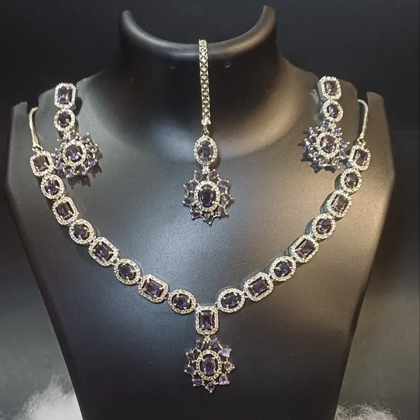 Iris stoned diamond necklace with designer earrings and mang tika