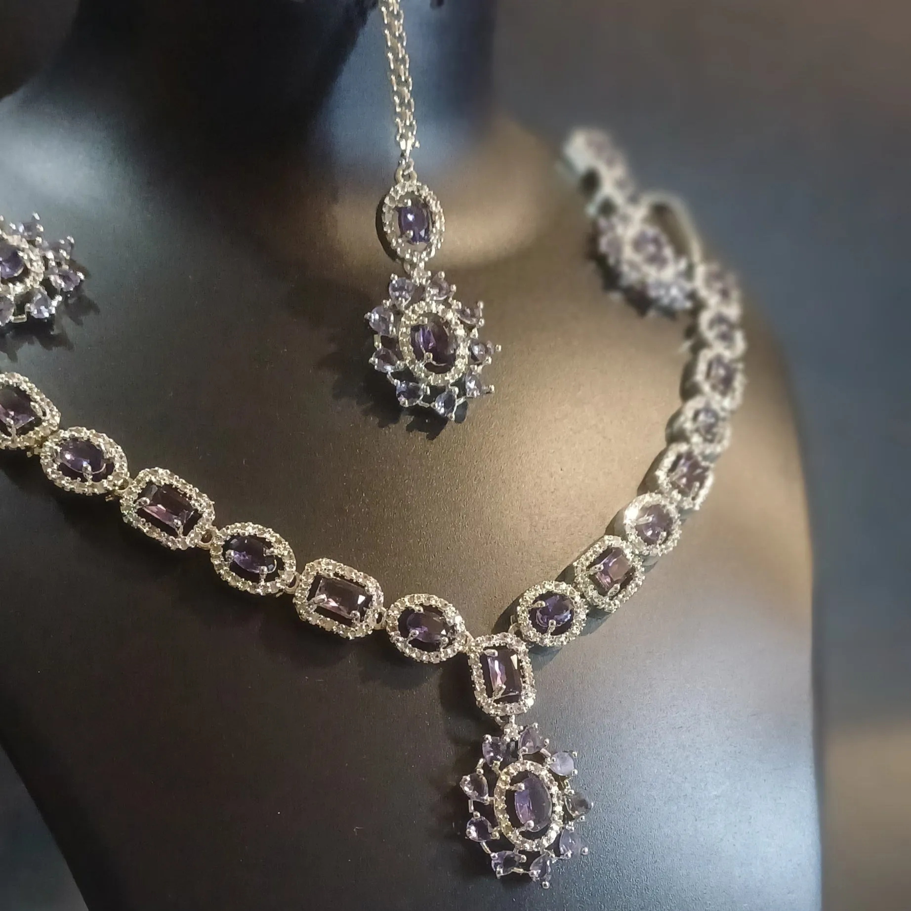 Iris stoned diamond necklace with designer earrings and mang tika
