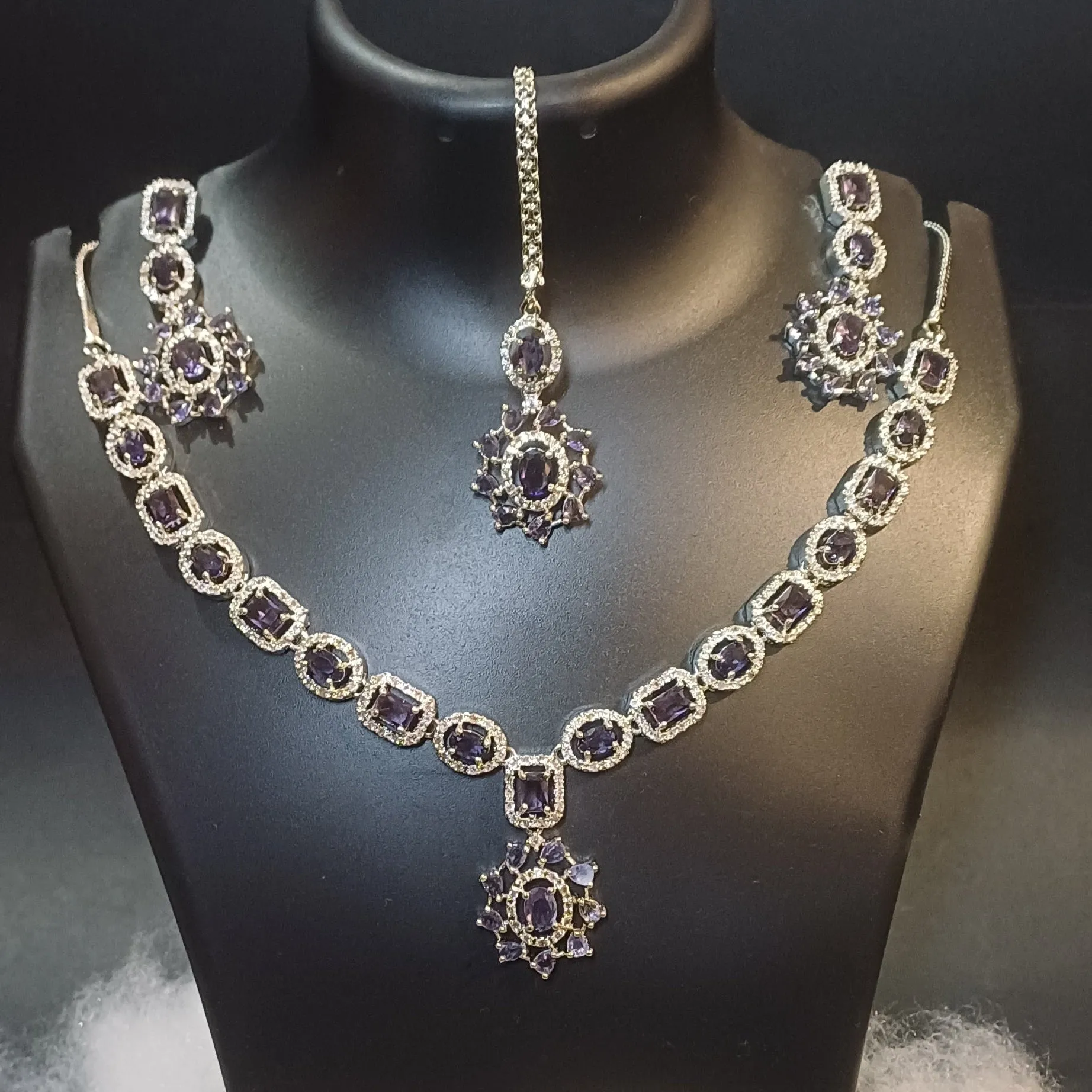 Iris stoned diamond necklace with designer earrings and mang tika