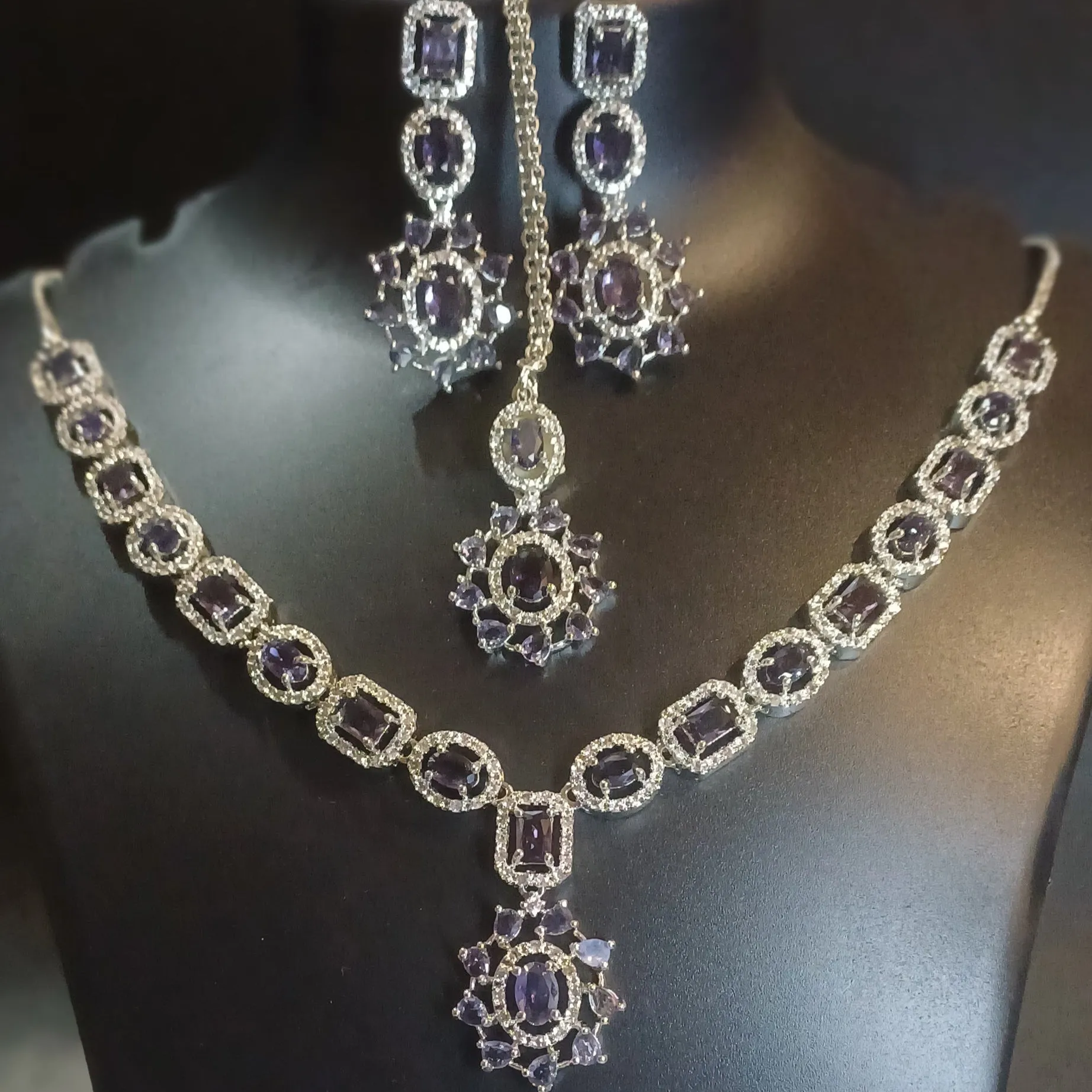 Iris stoned diamond necklace with designer earrings and mang tika