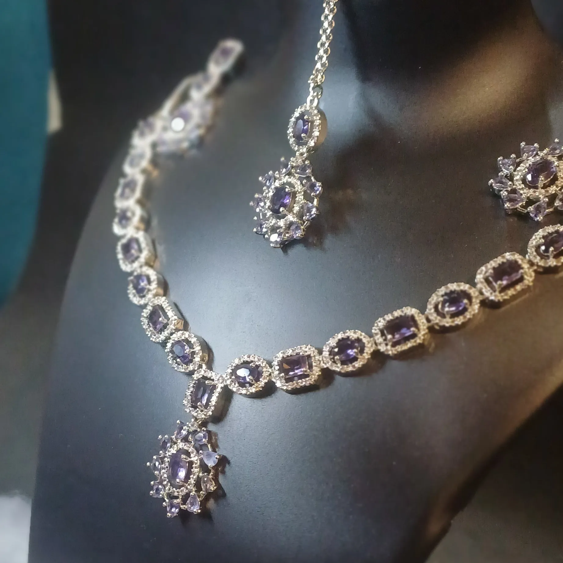 Iris stoned diamond necklace with designer earrings and mang tika