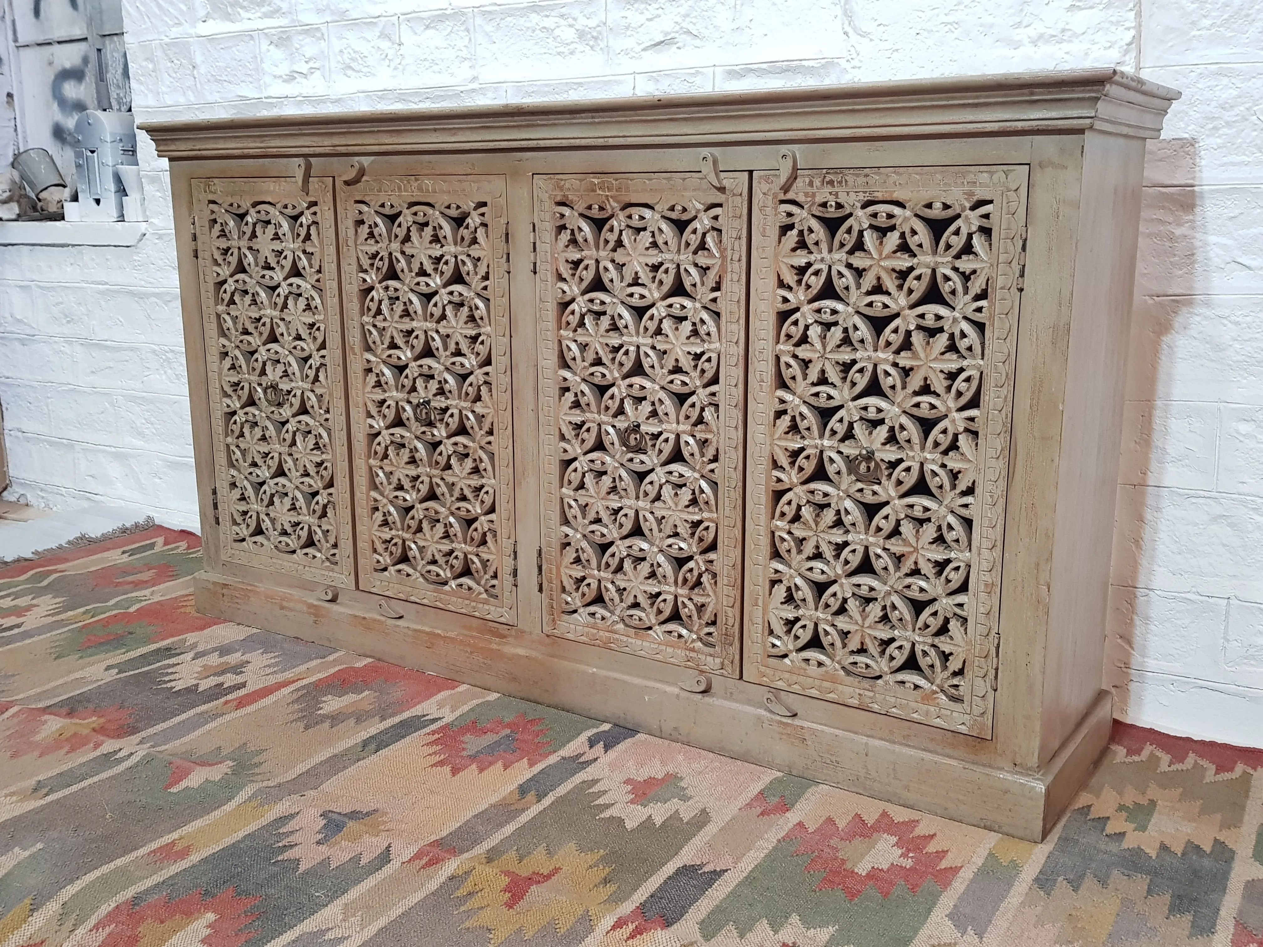 Jali Hand Carved Indian Solid Wood Buffet Cabinet Sideboard