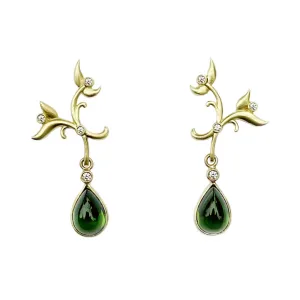 Leaf Yellow Gold, Green Tourmaline and Diamond Drop Earrings