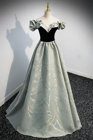 Light Green Off-the-Shoulder Ruffle Gold Prints Long Formal Dress