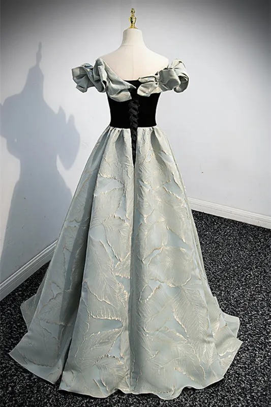 Light Green Off-the-Shoulder Ruffle Gold Prints Long Formal Dress