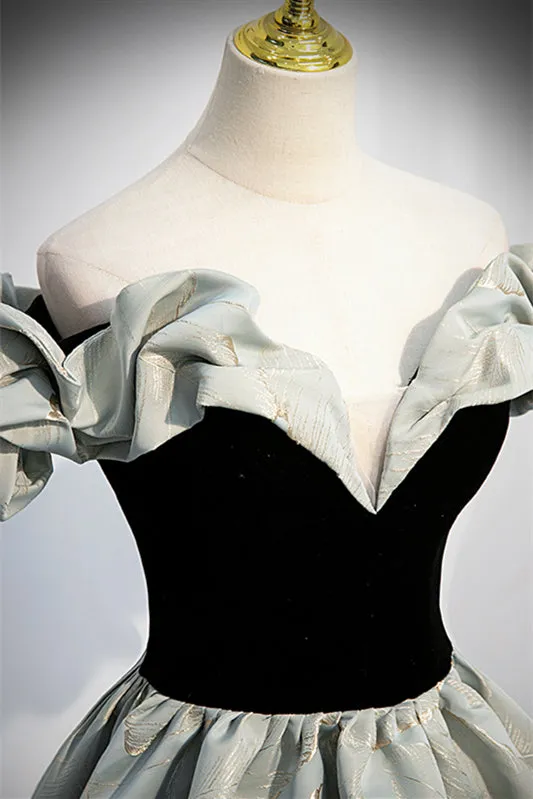 Light Green Off-the-Shoulder Ruffle Gold Prints Long Formal Dress