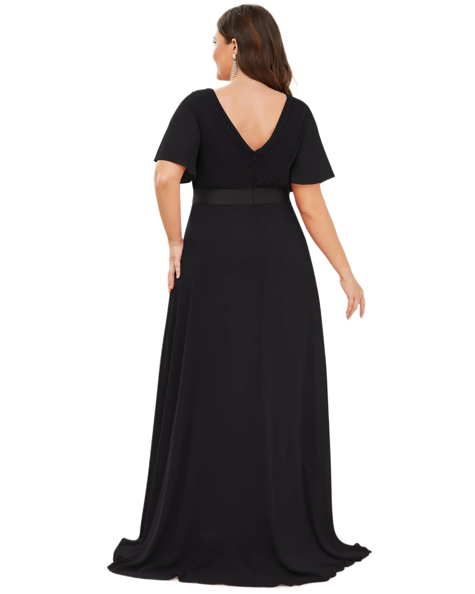 Long Chiffon Empire Waist Bridesmaid Dress with Short Flutter Sleeves | Black