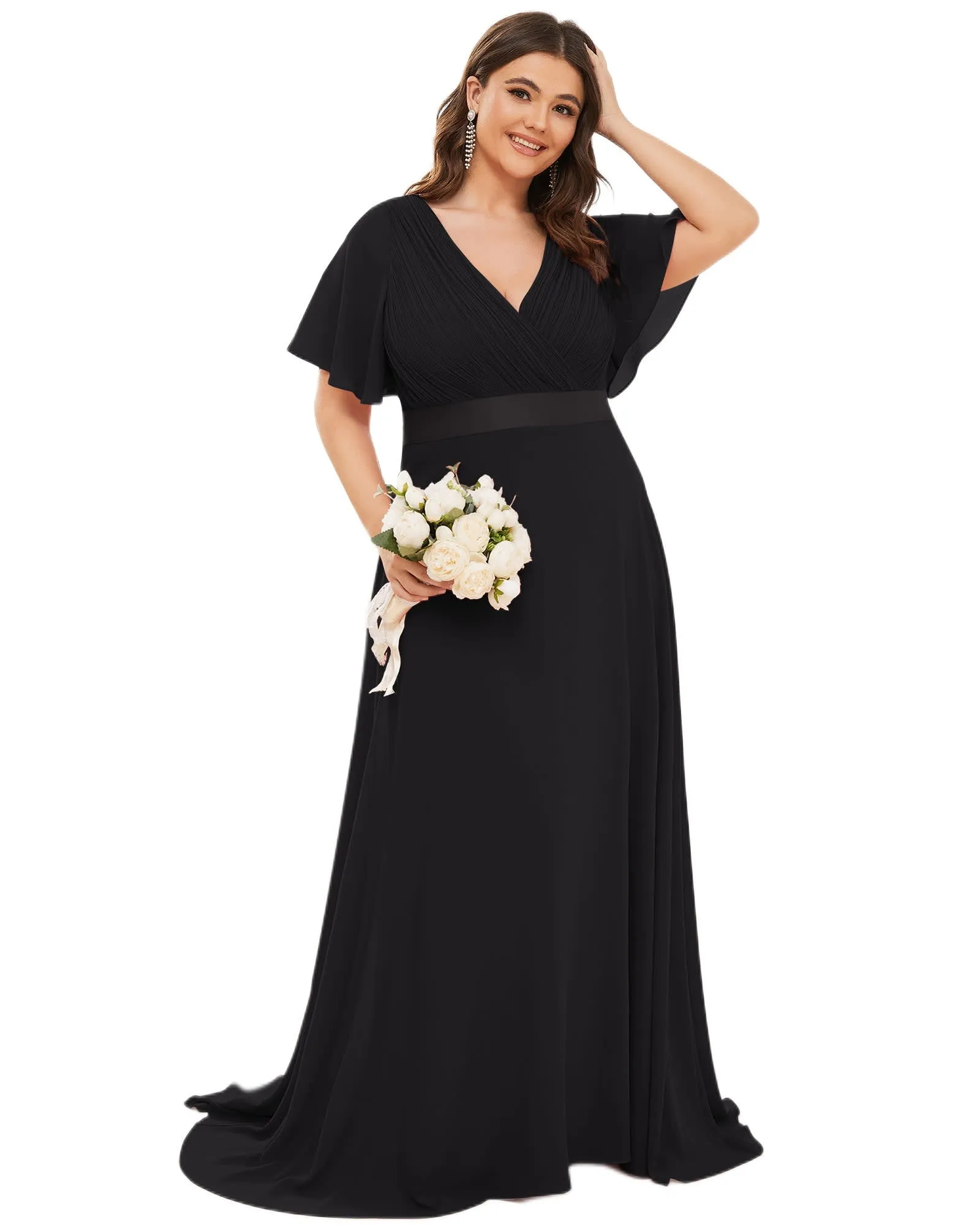 Long Chiffon Empire Waist Bridesmaid Dress with Short Flutter Sleeves | Black