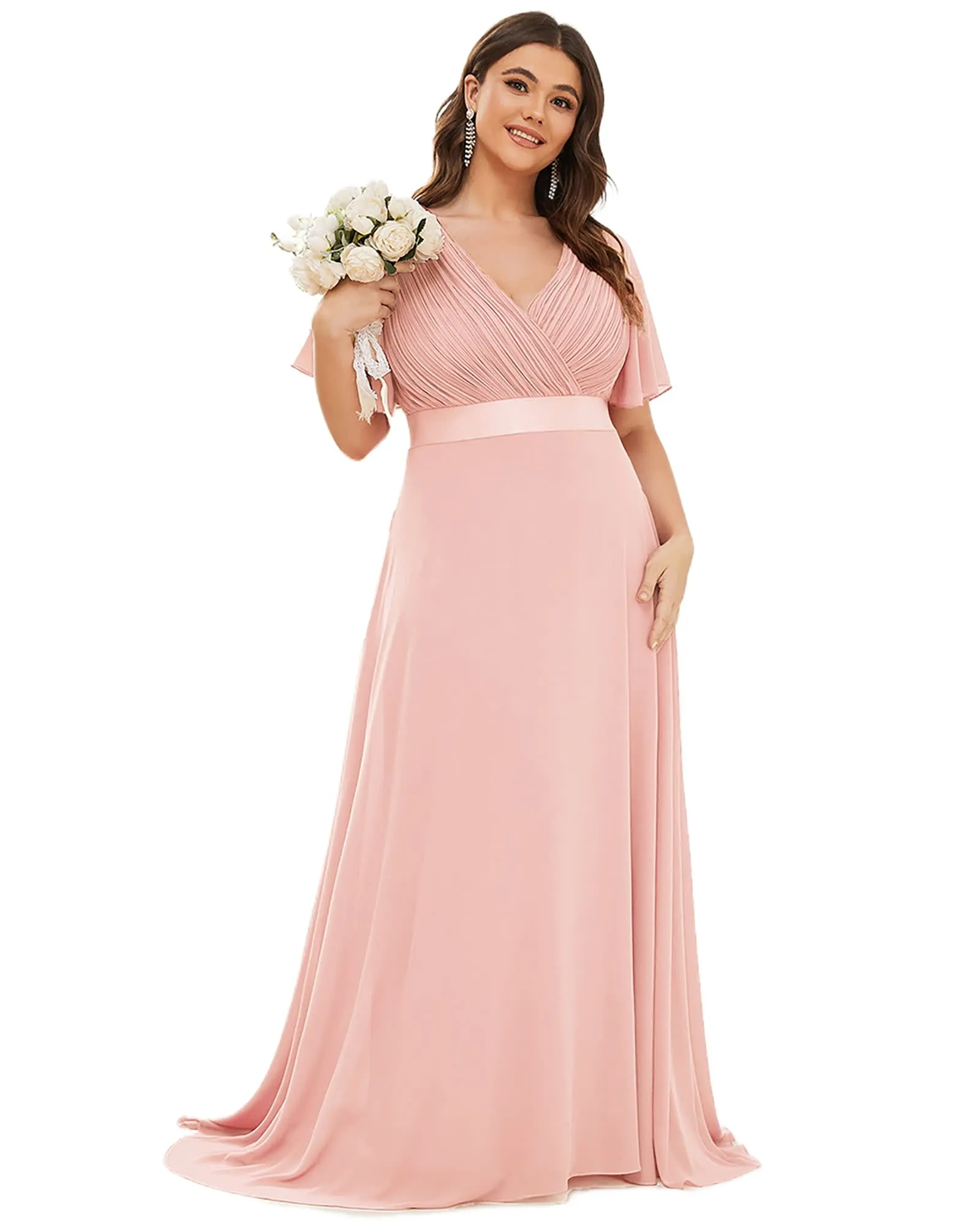 Long Chiffon Empire Waist Bridesmaid Dress with Short Flutter Sleeves | Pink