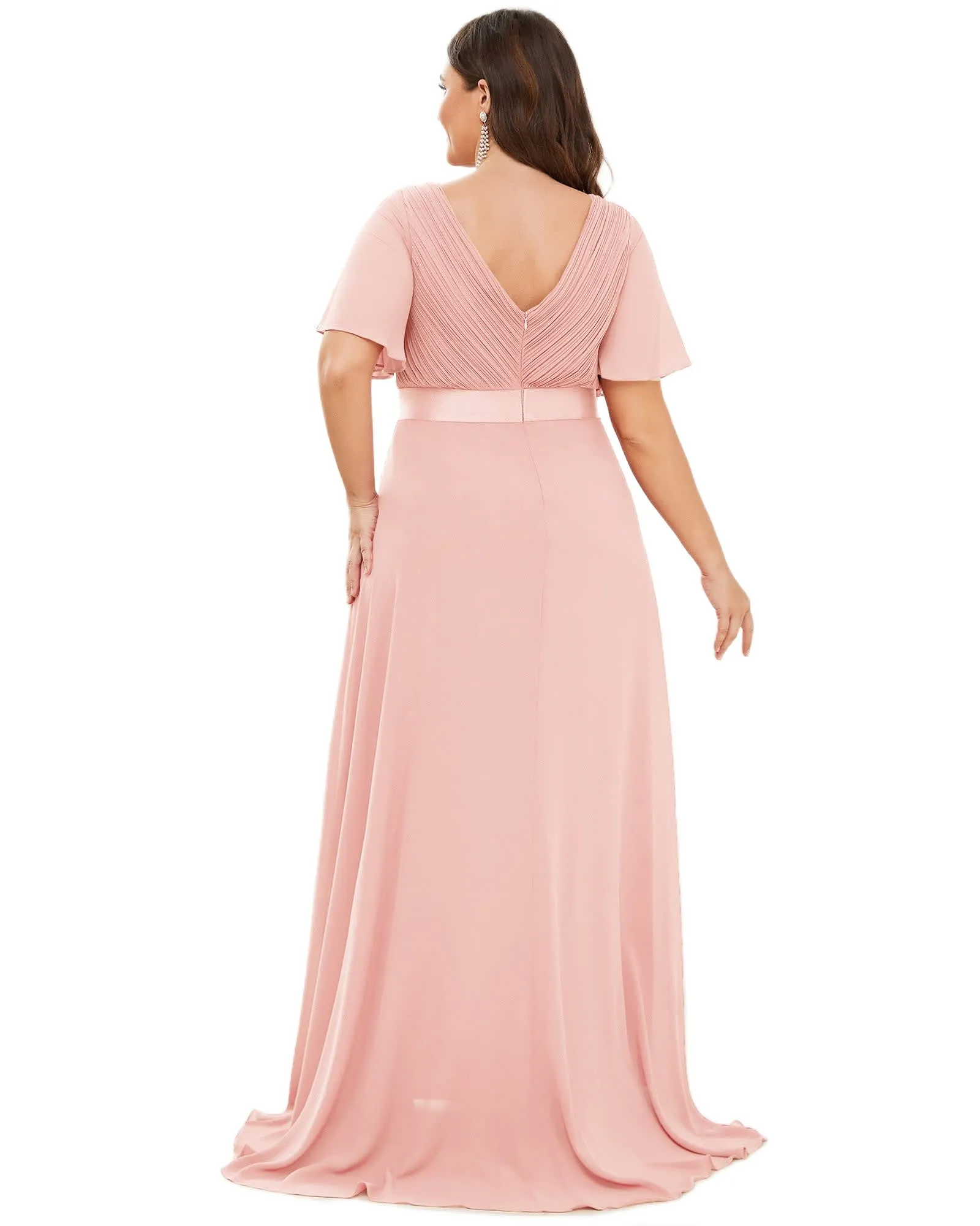 Long Chiffon Empire Waist Bridesmaid Dress with Short Flutter Sleeves | Pink