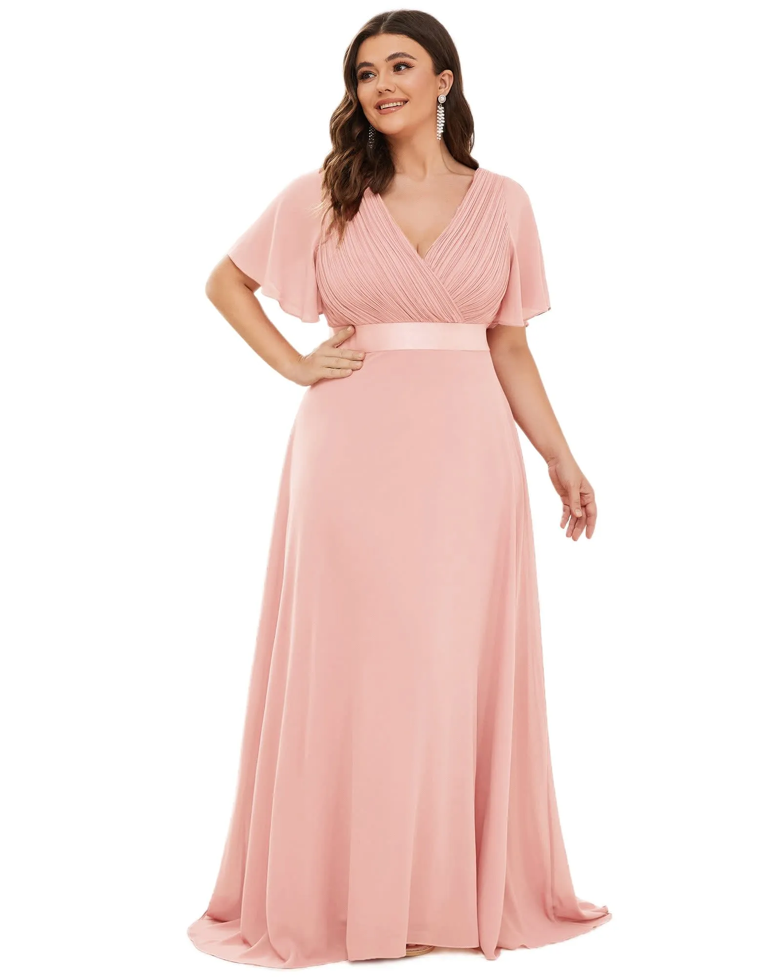 Long Chiffon Empire Waist Bridesmaid Dress with Short Flutter Sleeves | Pink