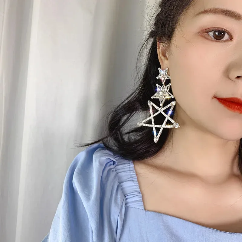 MAYTRENDS  -  Three Pentagram Crystal Drop Earrings for Women Bijoux Shiny Rhinestone Dangle Earrings Statement Jewelry Gifts