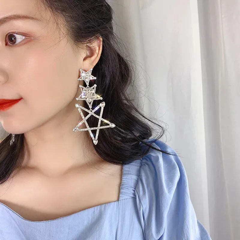 MAYTRENDS  -  Three Pentagram Crystal Drop Earrings for Women Bijoux Shiny Rhinestone Dangle Earrings Statement Jewelry Gifts