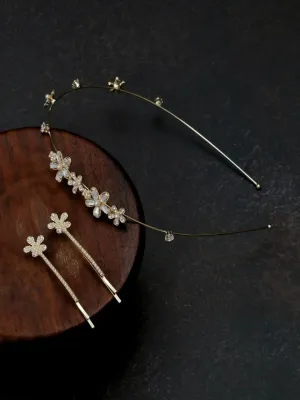 Metallic Hairband and Hair Clip with Pearl & Flower- Pack of 3, Golden and White