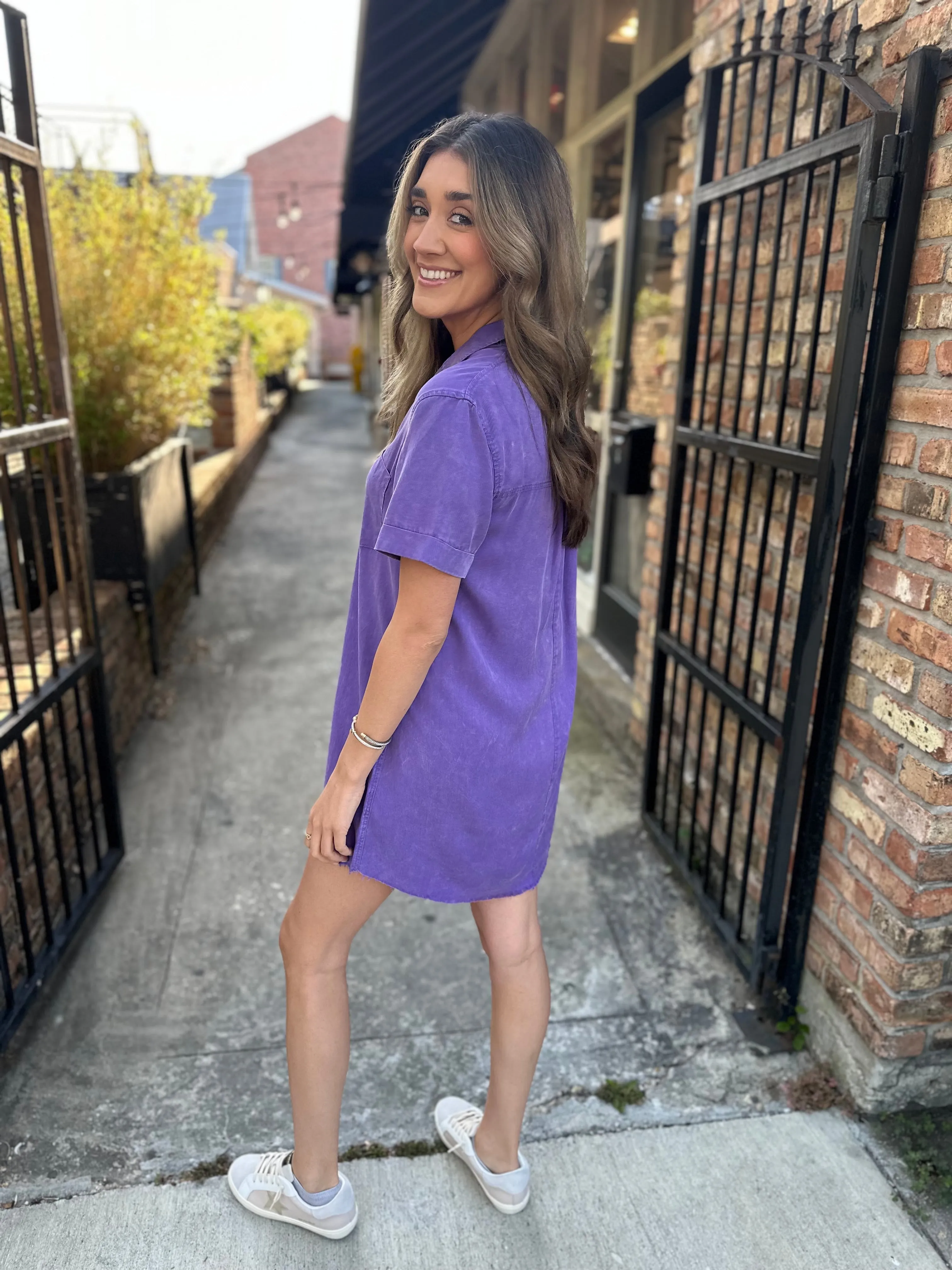 Moon Washed Denim Mini Dress- Purple