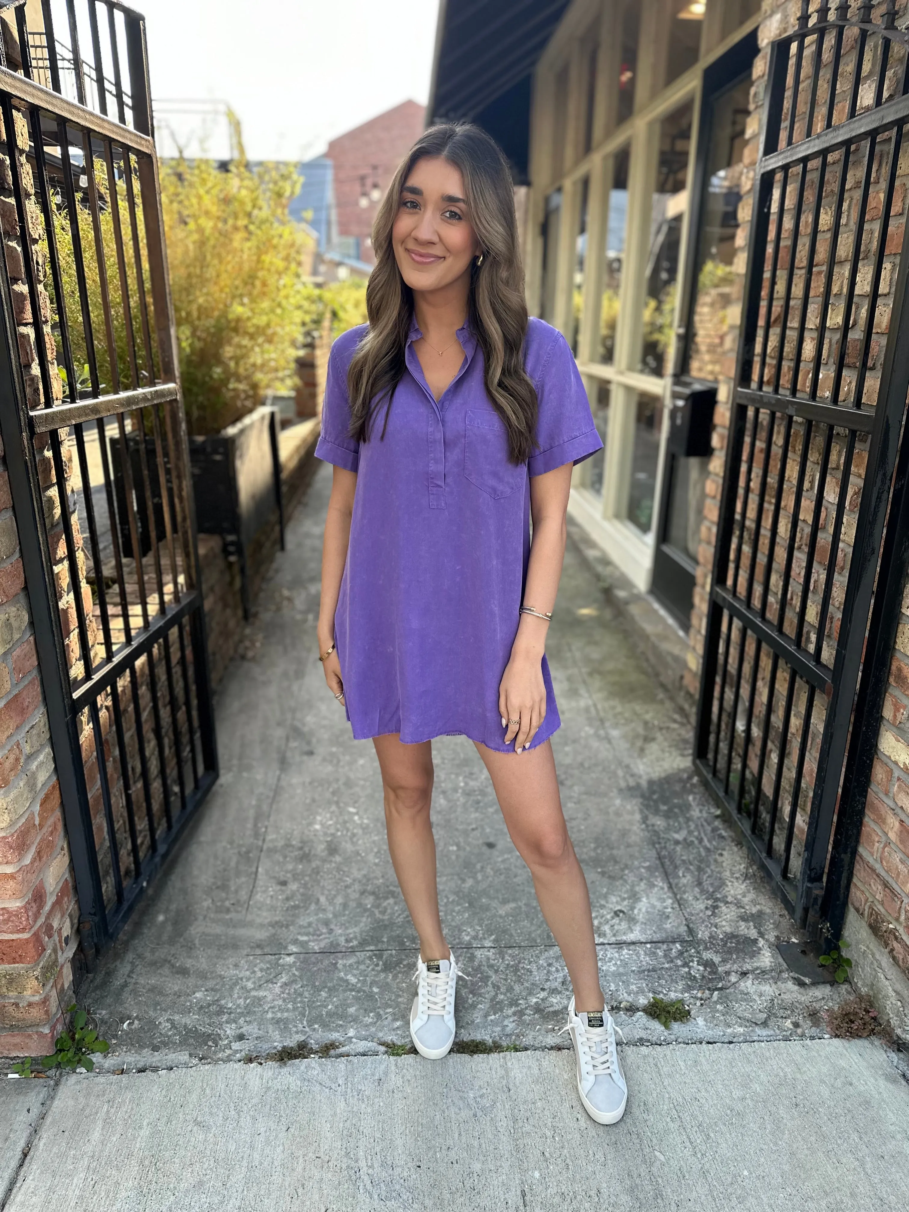 Moon Washed Denim Mini Dress- Purple