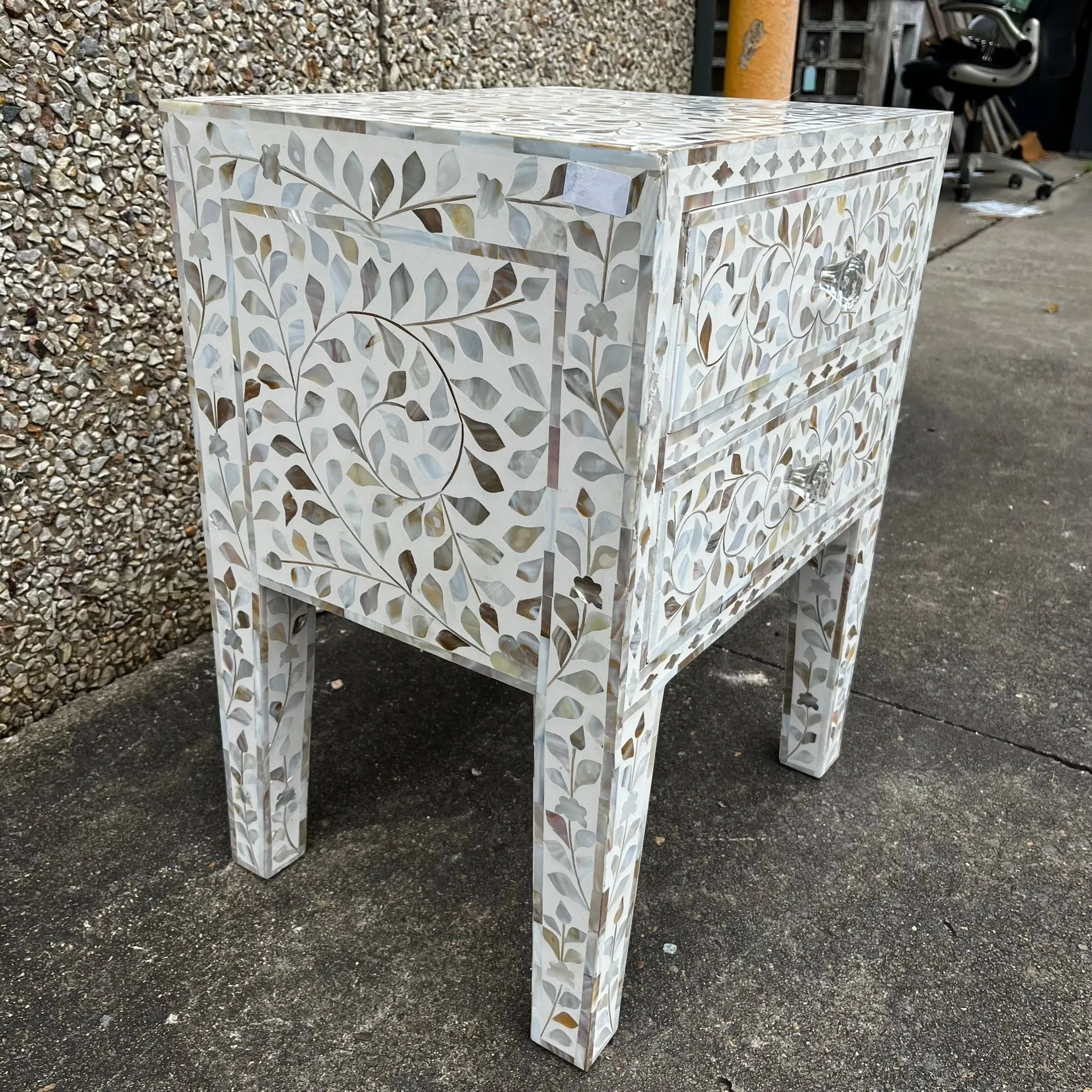 Mother Of Pearl Inlay White Floral Pattern Bedside Table With Drawers