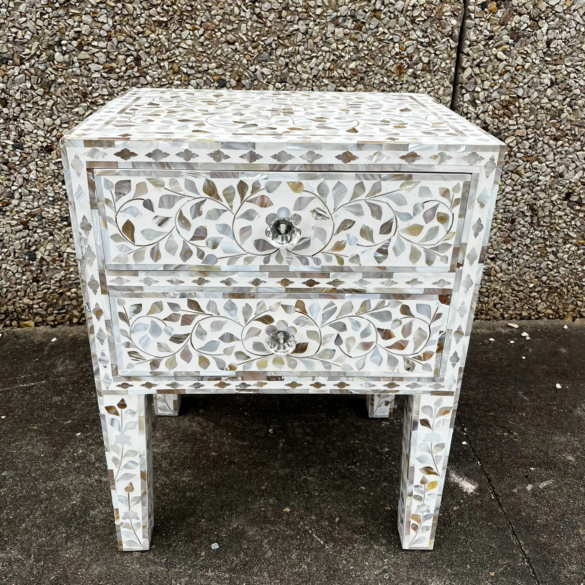 Mother Of Pearl Inlay White Floral Pattern Bedside Table With Drawers