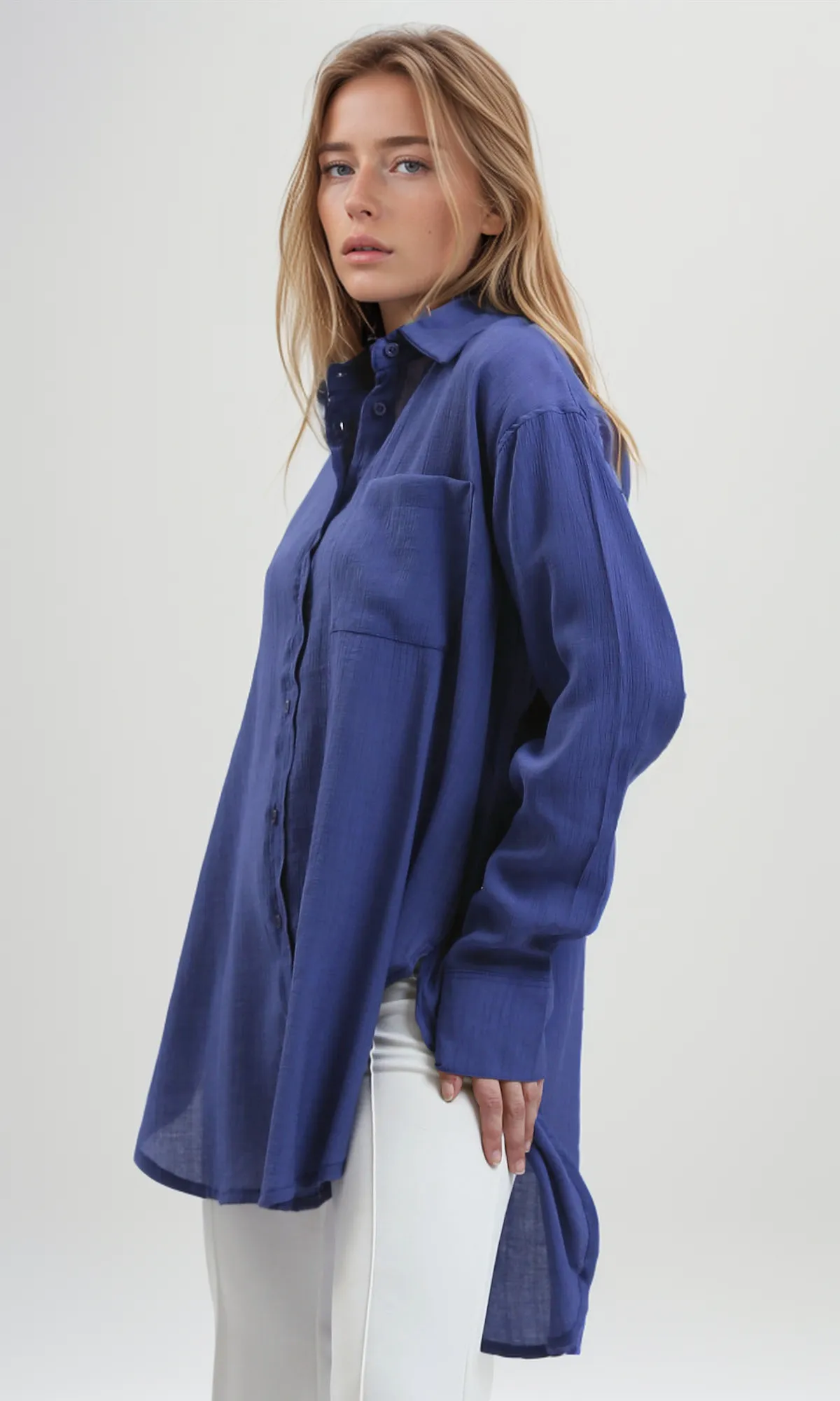 O190353 Loose Dark Blue Buttoned Blue Shirt
