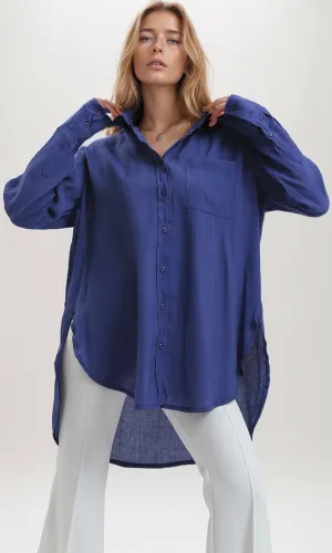 O190353 Loose Dark Blue Buttoned Blue Shirt