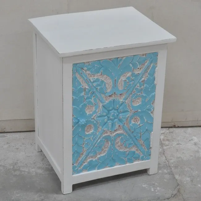 PARIS Carved Pair of White & Blue Bedsides with Drawer C
