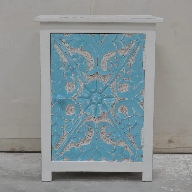 PARIS Carved Pair of White & Blue Bedsides with Drawer C
