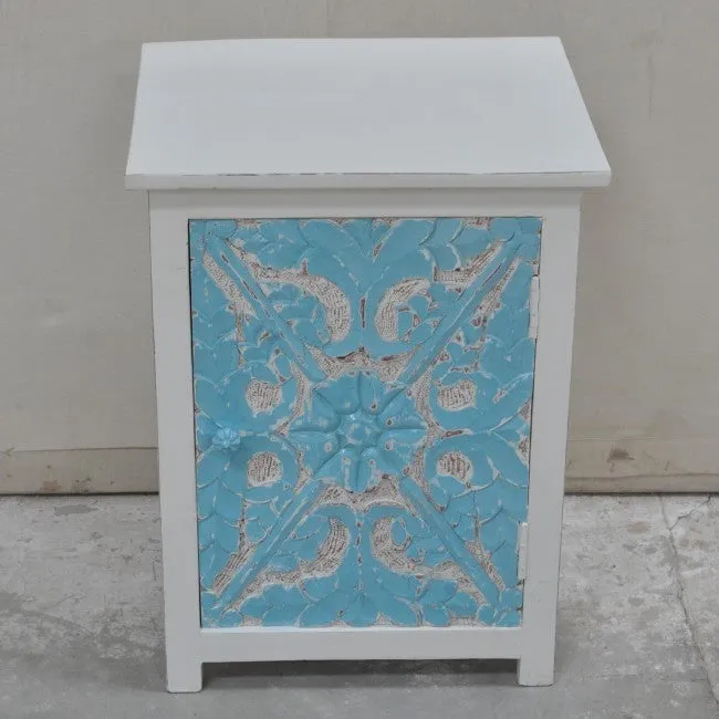 PARIS Carved Pair of White & Blue Bedsides with Drawer C