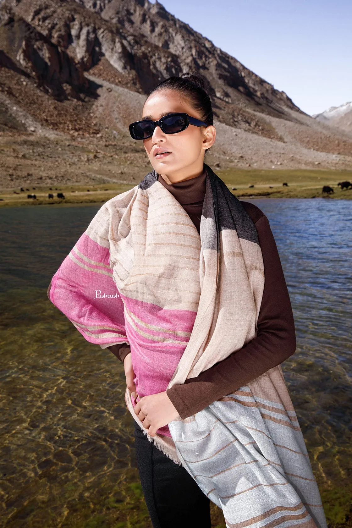 Pashtush Womens Wool Silk Stole, Twilight Collection, Soft Woven Stripes, Flamingo